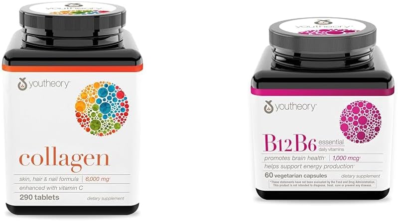 Collagène Youtheory avec vitamine C, formule hydrolysée avancée pour absorption optimale et vitamine B12 B6, supplément d'énergie quotidienne et de soutien du cerveau, capsules végétariennes, 60 ct