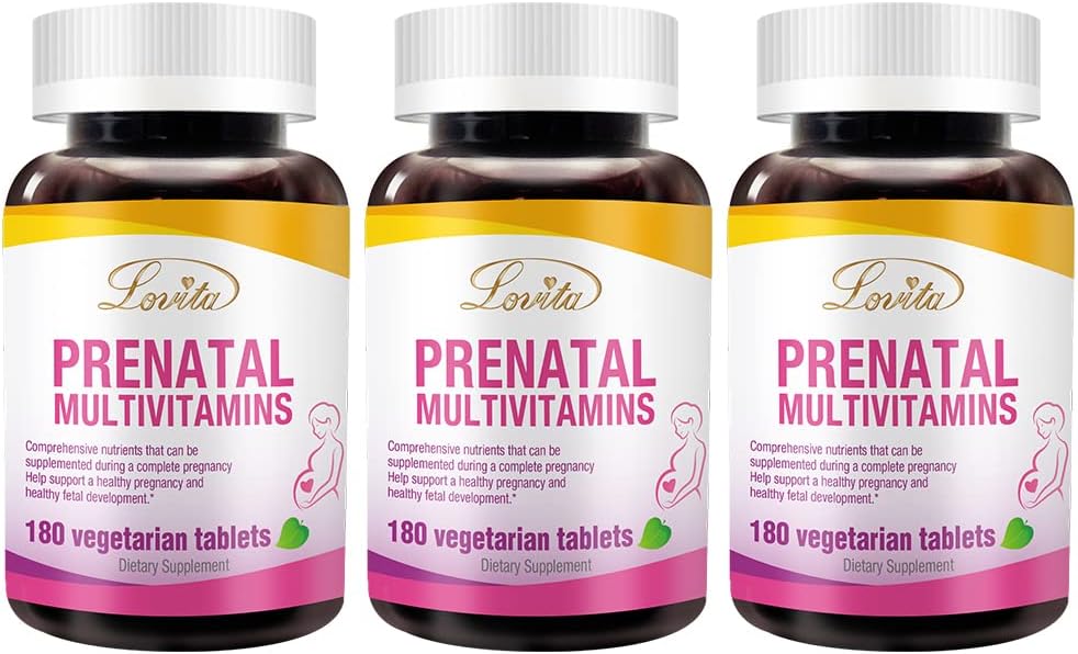 Lovita Vitamines prénatales avec fer 27 mg, acide folique 800mcg et calcium, Vitamines prénatales véganes pour les femmes pendant et après la grossesse, non OGM, 180 pilules prénatales végétariennes (paquet de 3)
