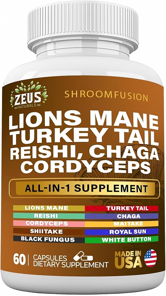 Lions Mane 300mg Turkey Tail 2000mg Cordyceps Chaga 1000mg Reishi 1000mg Maitake Meshima Poria Cocos Shiitake Oyster Porcini Enoki Supplément Champignon (60Ct)