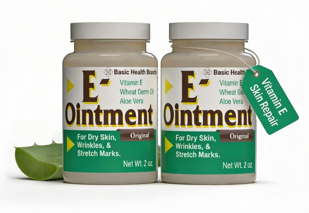 Marques de base - Onguent vitamine E - 2 oz - Amélioration de l'humidité - Peut aider à réduire l'apparence des cicatrices, marques stretch, lignes fines et rides - 2-pack