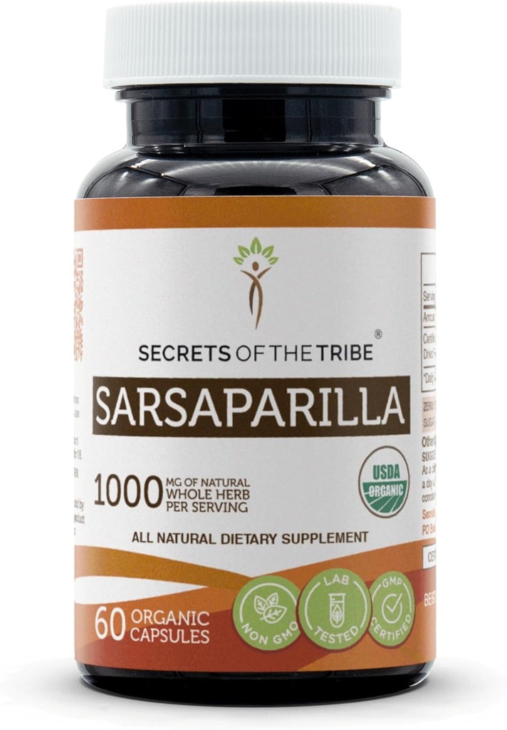 Secrets de la Tribe Sarsaparilla 60 Capsules, 1000 mg, USDA Sarsaparilla biologique (Hemidesmus indicus) Racine séchée (60 Capsules)