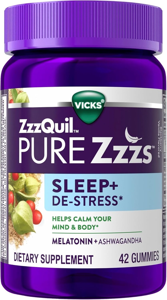 ZzzQuil PURE Zzzs De-Stress Melatonin Aide au sommeil Gummies, aide à calmer votre esprit et votre corps, Ashwagandha pour le soutien du stress, Aide au sommeil pour les adultes, 1 mg par gummy, 42 Compte