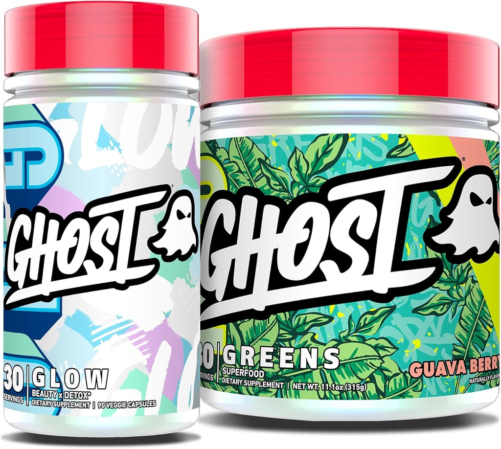 GHOST Bundles - Greens Superfood Powder (Guava Berry) & Glow Capsules Beauté et Detox Support