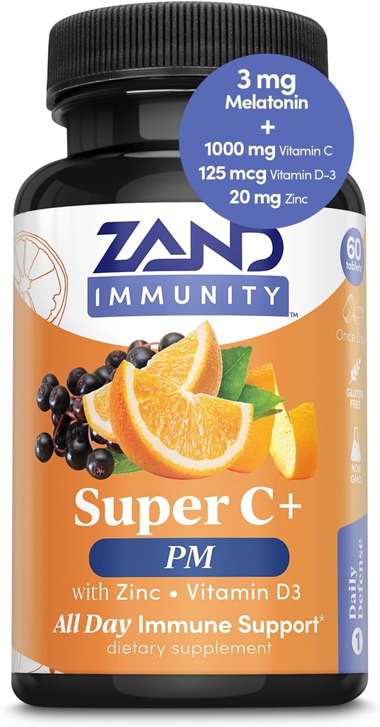 Zand Immunity Super C+ PM, Nighttime Immune Support Plus Mélatonine, 1000mg PureWay-C Vitamine C, Zinc, D3 & Elderberry, Absorption améliorée - 60 comprimés, 30 portions