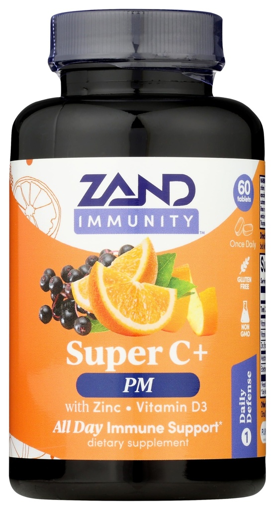 Zand Immunity Super C+ PM, Nighttime Immune Support Plus Mélatonine, 1000mg PureWay-C Vitamine C, Zinc, D3 & Elderberry, Absorption améliorée - 60 comprimés, 30 portions