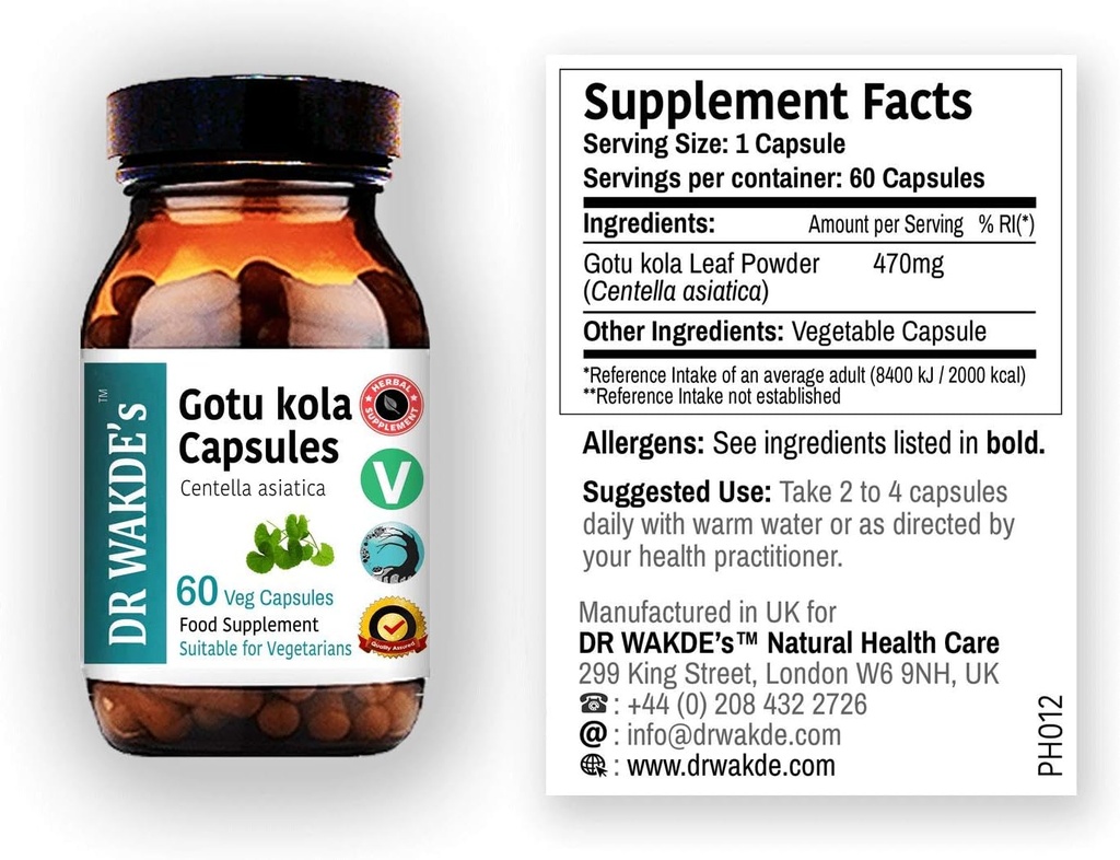 DR WAKDE'S Gotu kola Capsules (Mandukparni, Centella asciatia, 60 capsules de légumes, supplément à base de plantes, ayurvedic Herb, tous naturels, végétaliens)