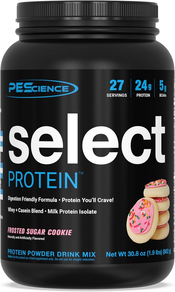 PEScience Select Poudre de protéines, mélange de lactosérum et de caséine, poudre de protéines propres pour les femmes et les hommes, faible teneur en calories, faible teneur en glucides, Keto Friendly, sans gluten - Cookie de sucre congelé - 27 portions