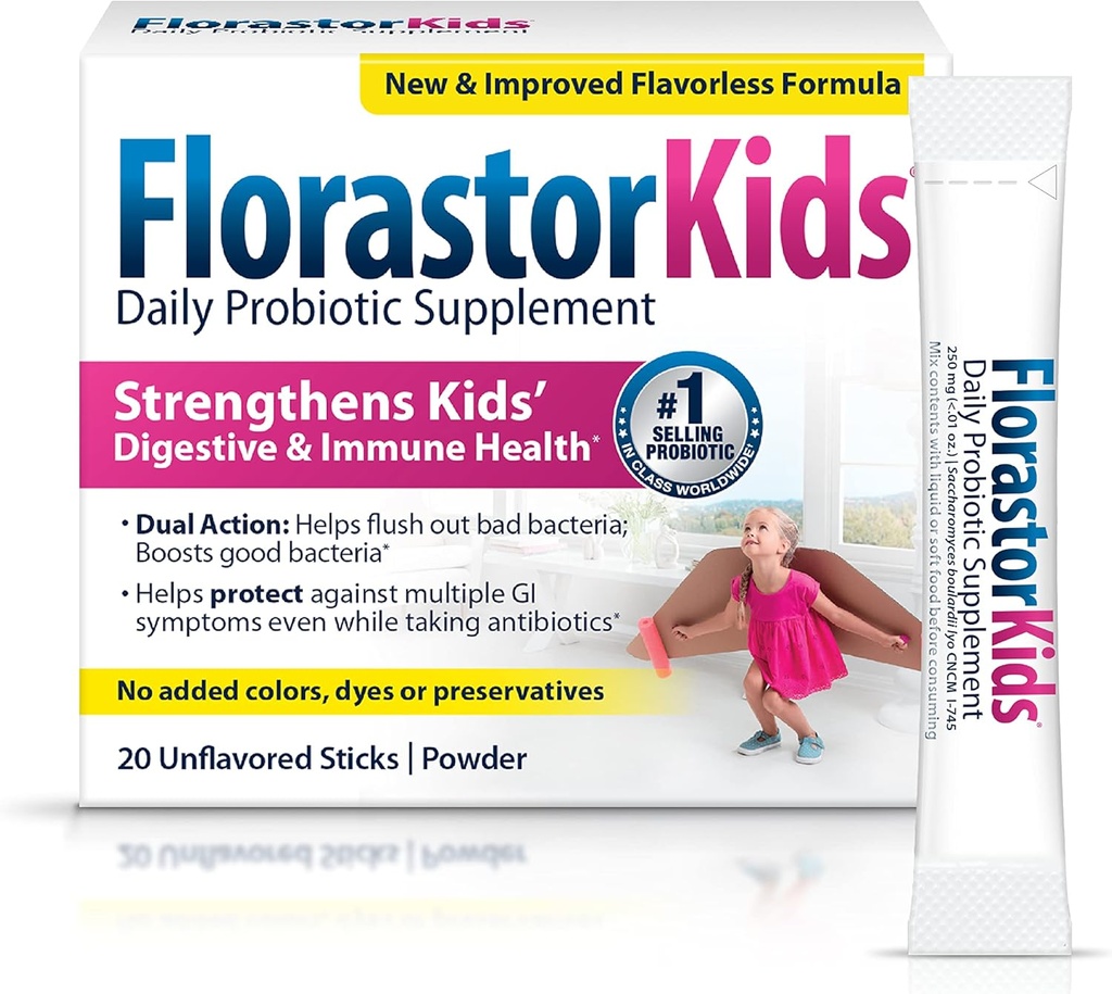 Supplément probiotique quotidien pour enfants Florastor, mélanges de poudre non aromatisés avec des aliments ou des boissons, utilisation avec des antibiotiques, Saccharomyces Boulardii CNCM I-745 (20 sachets), boîte de 2