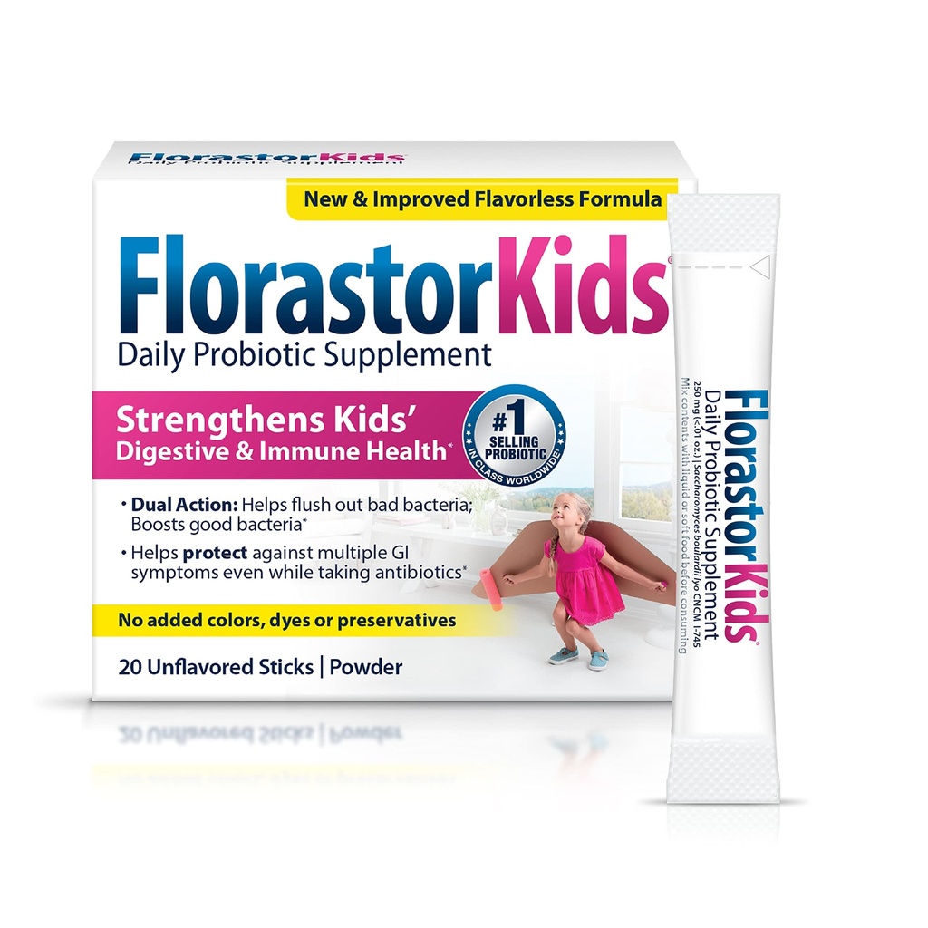 Supplément probiotique quotidien pour enfants Florastor, mélanges de poudre non aromatisés avec des aliments ou des boissons, utilisation avec des antibiotiques, Saccharomyces Boulardii CNCM I-745 (20 sachets), boîte de 2