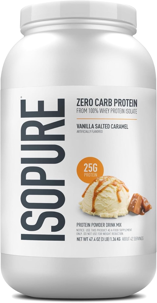 Isopure Zero Carb 100% pur poudre de protéines de lactosérum, sans gluten, avec des vitamines, caramel salé à la vanille, 25g de protéines par portion, 3 Lb, 42 portions (paquetage mai vary)