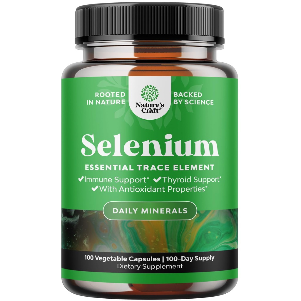 Capsules de sélénium sans levure 200mcg - supplément de sélénium de haute puissance pour l'immunité antioxydante et thyroïdien support Trace minéral essentiel - Vegan Non-OGM sans gluten et fabriqué aux États-Unis - 100 Compte