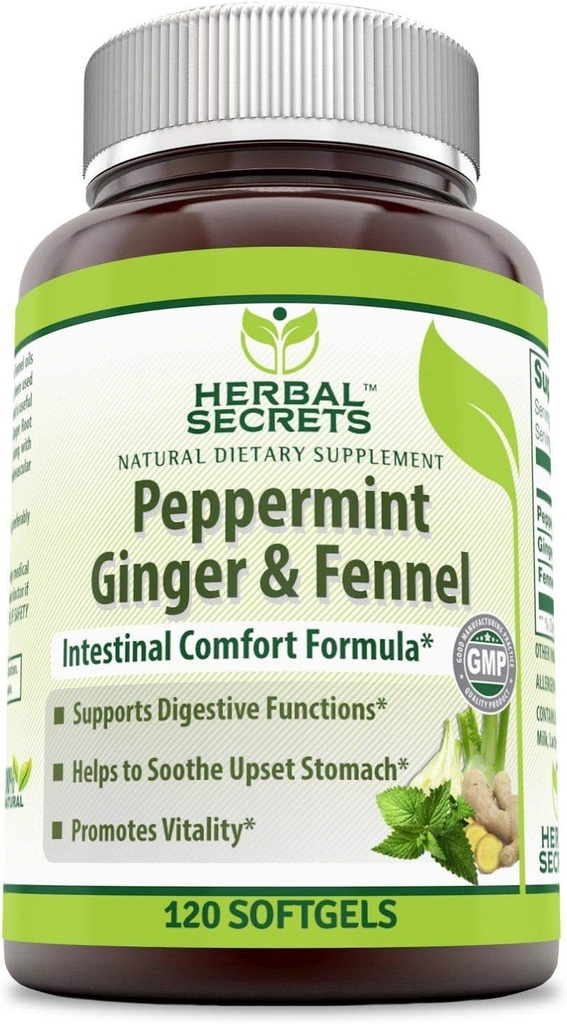 Herbal Secrets Ginger à la menthe poivrée et fenouil 120 Softgels (non-OGM) - supporte les fonctions digestives* - favorise la vitalité*- aide à adoucir l'estomac