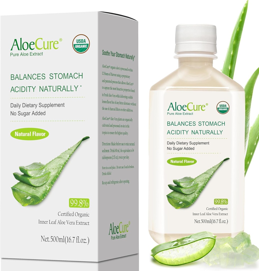AloeCure USDA Bio Aloe Vera Juice fabriqué dans les 12 heures de la récolte - Pure Aloe Juice Supplément digestif naturel pour soutenir la digestion, le système immunitaire et l'acidité équilibrée de l'estomac, bouteille de 500ml