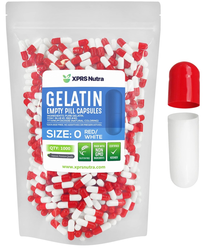 XPRS Nutra Taille 0 Capsules vides - 1000 Compte Capsules de gélatine vides - Pills Bricolage Capsule Remplissage - Pure Pilule de gel pour Do-It-Youlf Suppléments (Rouge/Blanc)