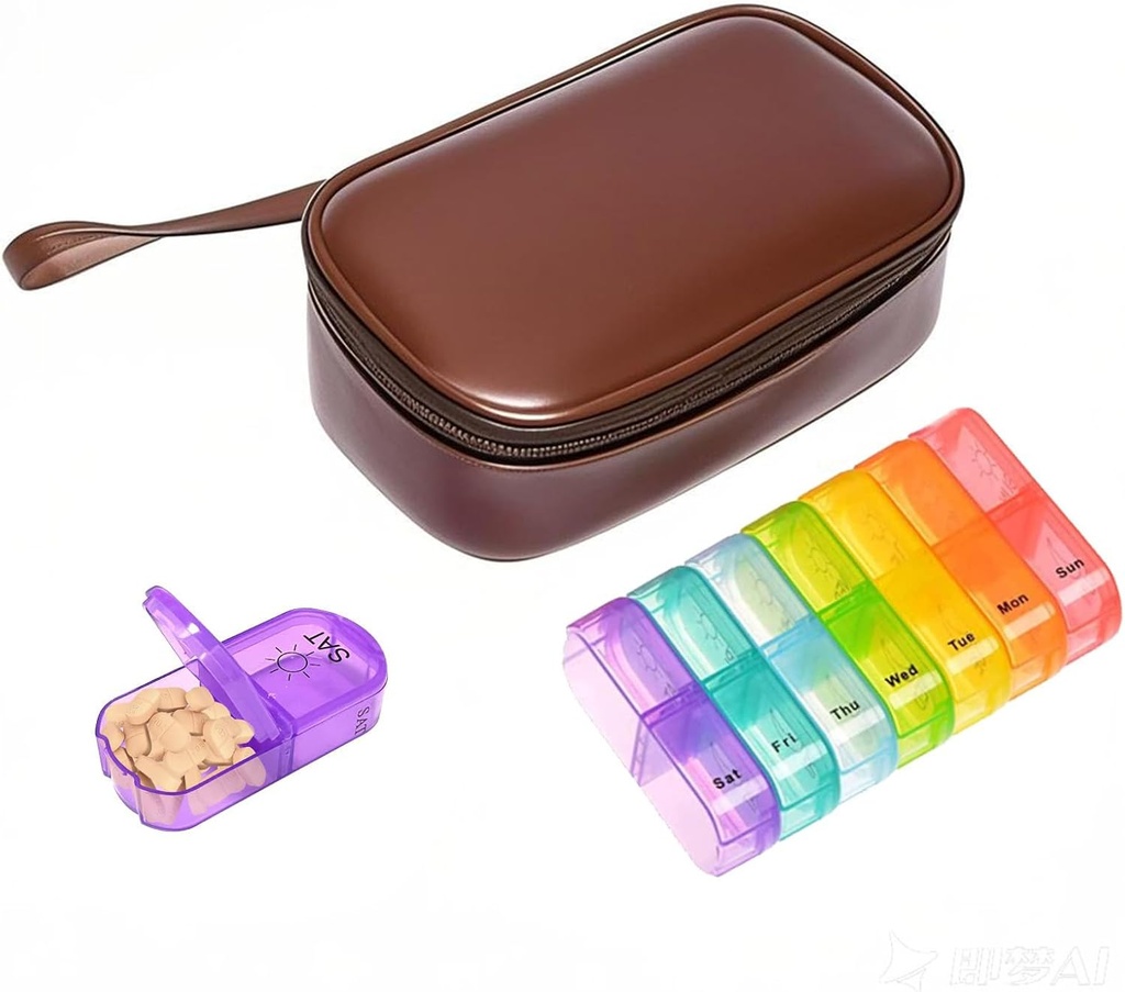 Lab starfa Weekly Pill Organizer with Pill case 2 Times a Day, 7 Day AM/PM Pill Case Portable Travel Pill Box with Storage Bag for Hold Vitamines, Suppléments, Médicaments et Huiles de Poisson (Brown)