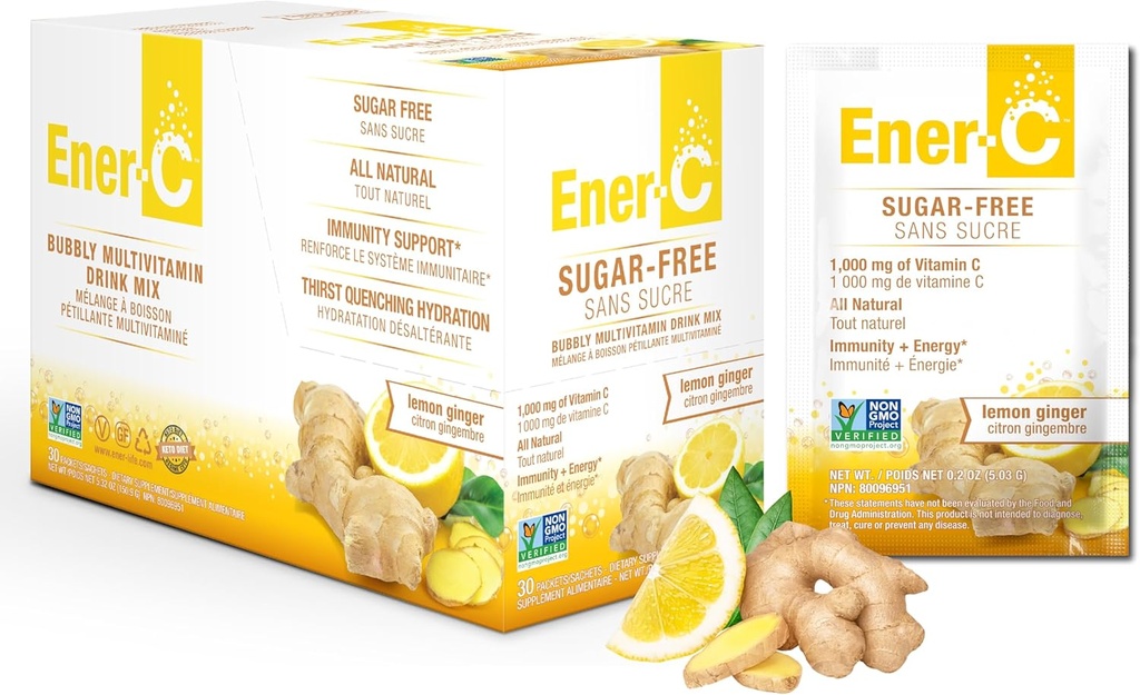 Mélange de multivitamine de citron sans sucre, 1000mg de vitamine C, non-OGM, végétalien, vraies poudres de jus de fruits, soutien immunitaire naturel, électrolytes, sans gluten, 1-paquet de 30