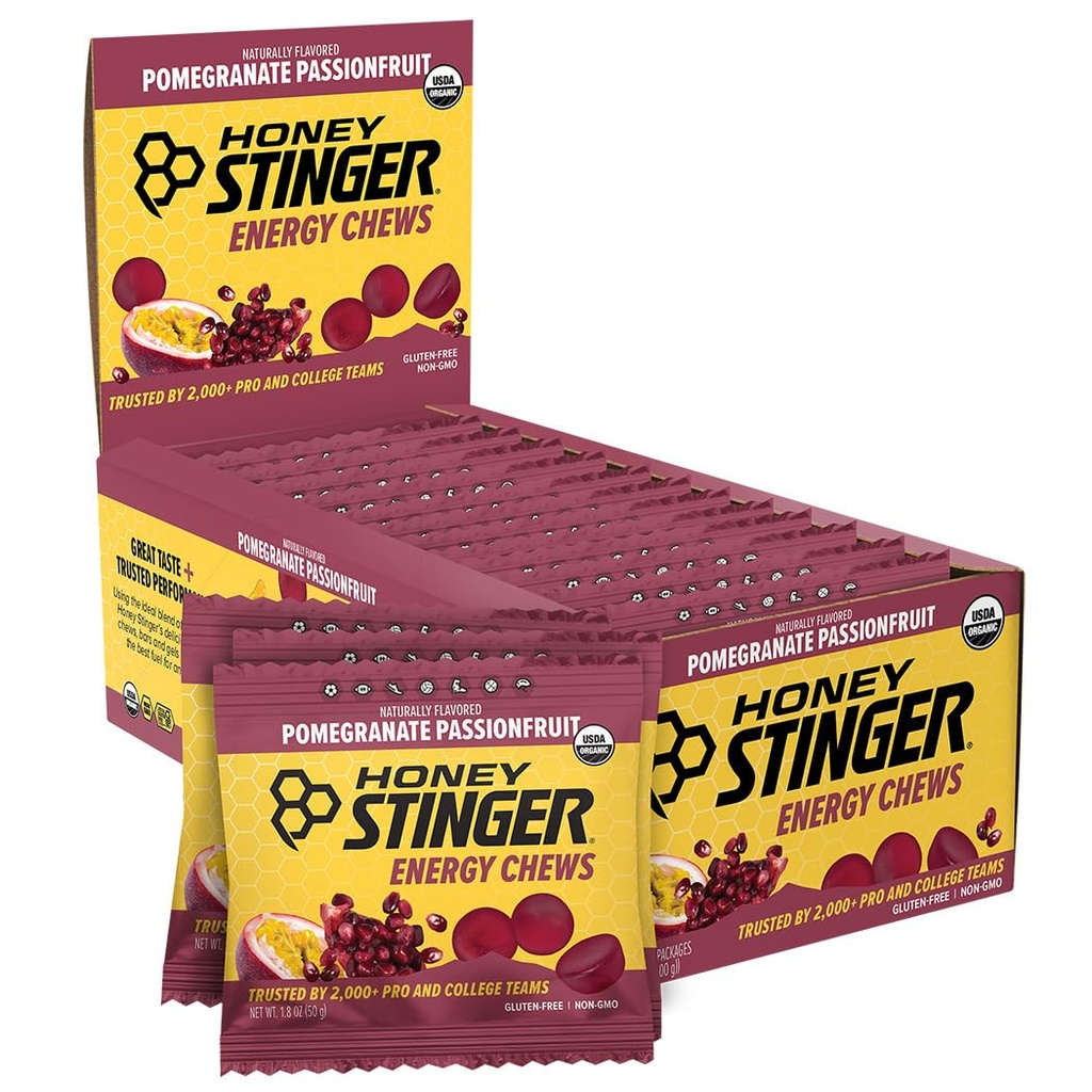 Miel Stinger Organic Pomegranate Passionfruit Energy Chew, sans gluten et sans caféine, pour l'exercice, la course et la performance, la nutrition sportive pour la maison et la gymnastique, avant et mi-entraînement, 12 Pack