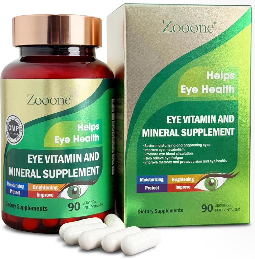 zooone Lutéine et zéaxanthine Vitamines oculaires, vitamine oculaire et supplément minéral avec vitamine C E cuivre zinc, support de la vision pour la dégénérescence maculaire, pilules pour la santé des yeux pour adultes et aînés, 90 capsules