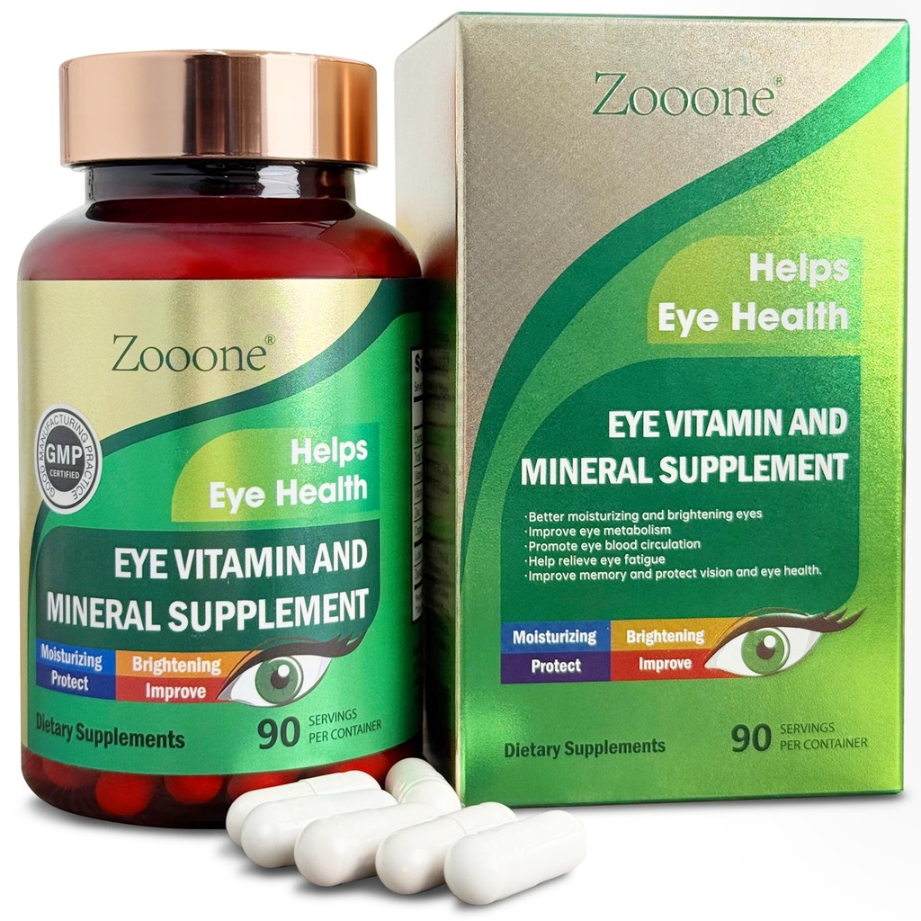 zooone Lutéine et zéaxanthine Vitamines oculaires, vitamine oculaire et supplément minéral avec vitamine C E cuivre zinc, support de la vision pour la dégénérescence maculaire, pilules pour la santé des yeux pour adultes et aînés, 90 capsules