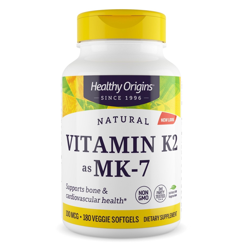 Origines saines Vitamine K2 100 mcg (MK-7, non-OGM, sans gluten, support cardiovascaulaire, soutien osseux), 180 gels de légumes
