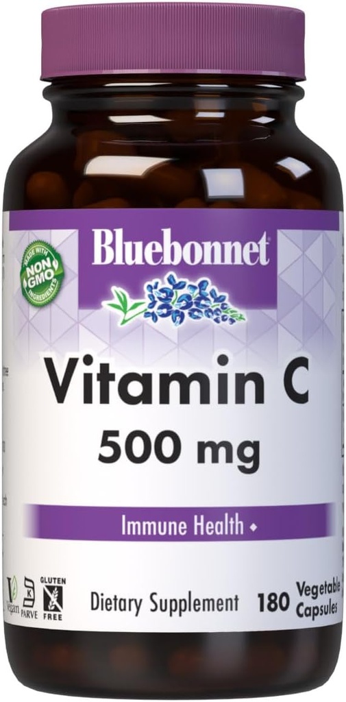 Bluebonnet Nutrition Vitamine C 500 mg Capsules végétales, acide ascorbique, pour la santé immunitaire et de la peau, végétalien, végétarien, non OGM, sans gluten, sans soja, sans lait, casher, 180 capsules végétales