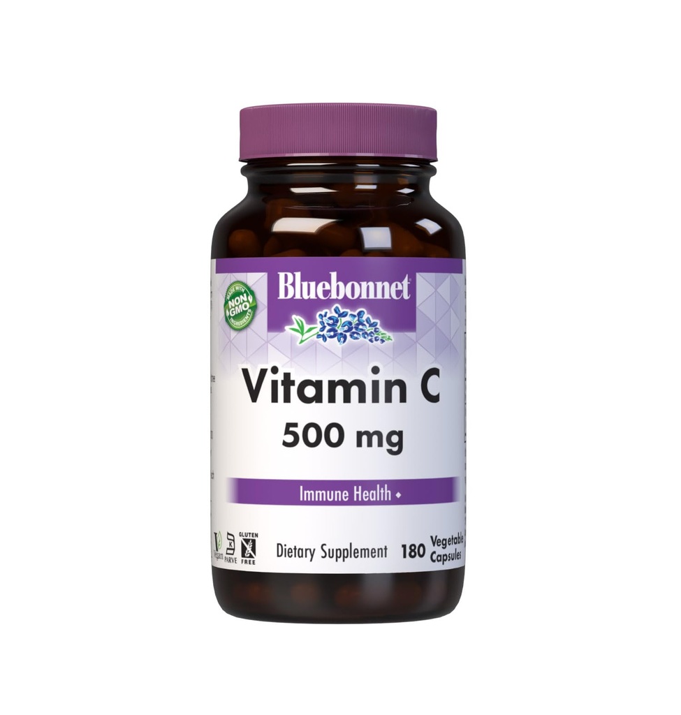 Bluebonnet Nutrition Vitamine C 500 mg Capsules végétales, acide ascorbique, pour la santé immunitaire et de la peau, végétalien, végétarien, non OGM, sans gluten, sans soja, sans lait, casher, 180 capsules végétales