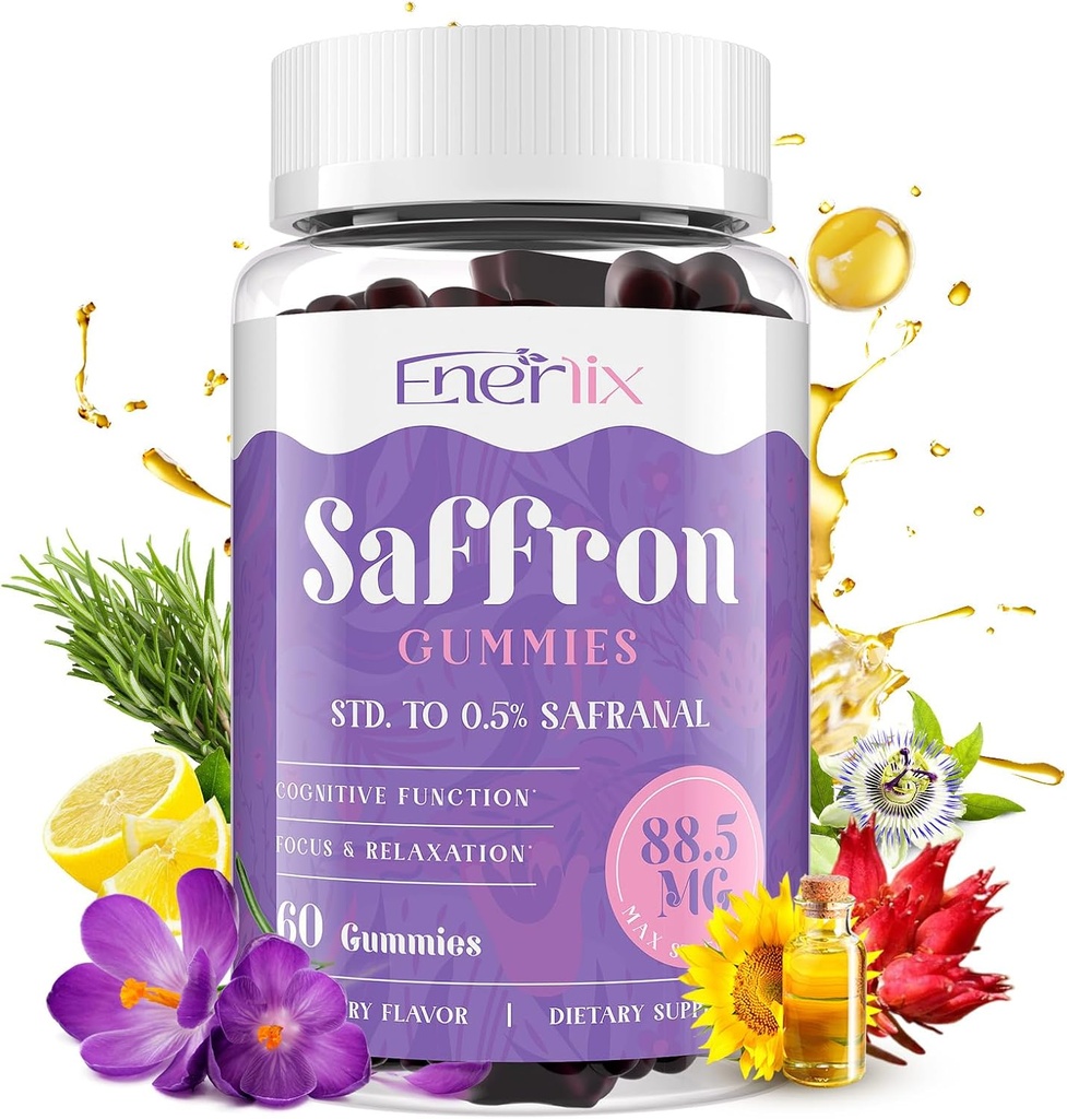 Gommies de safran 88,5 mg avec Magnésium, Suppléments de safran Max Strength avec millepertuis, GABA, Rhodiola, Rosemary et extraits de fleurs de passion pour l'humeur, Focus - 60 portions