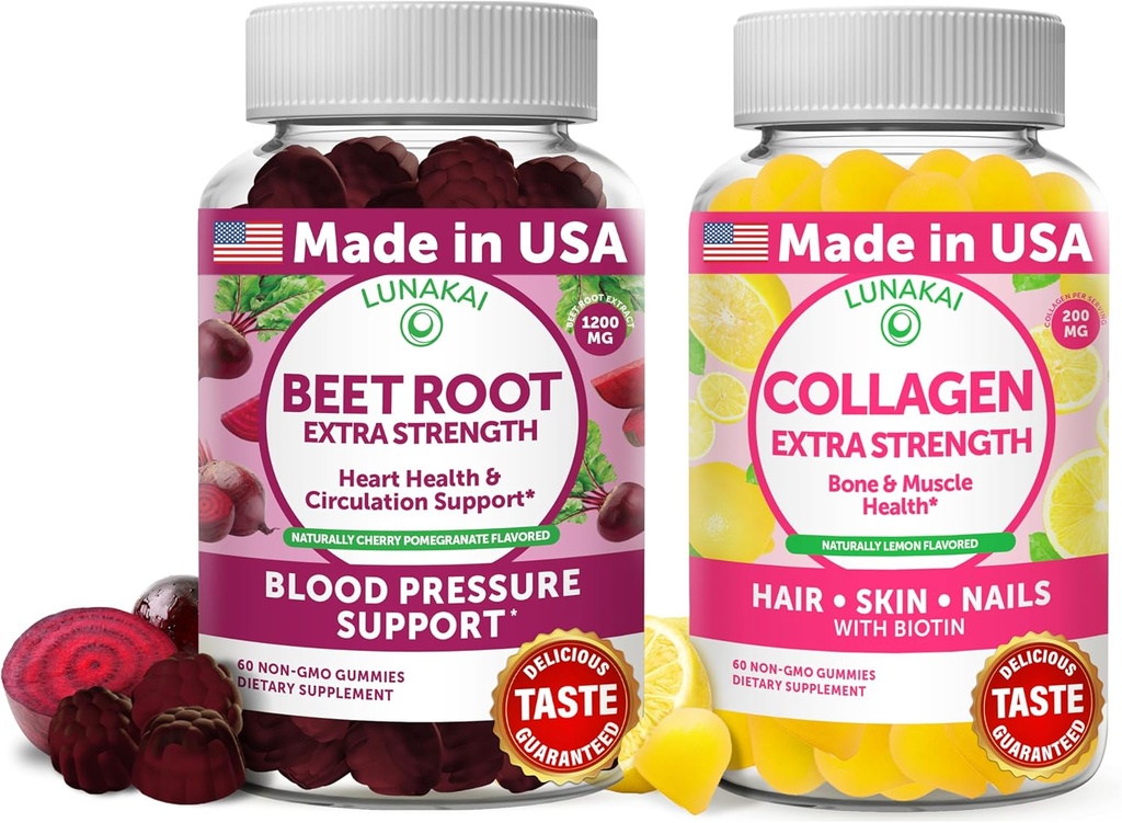 Lunakai Beet Root and Collagen Gummies Bundle 200mg Hydrolyzed Collagen Gummies for Women and Men with Biotin, Zinc, Vitamin C and E - Non-GMO Anti Aging