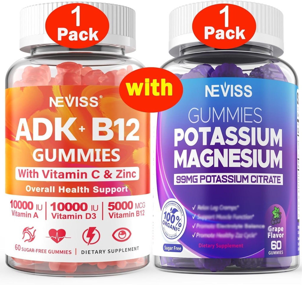NEVISS 1Pack Vitamine ADK avec B12 + 1Pack Gommies de magnésium de potassium