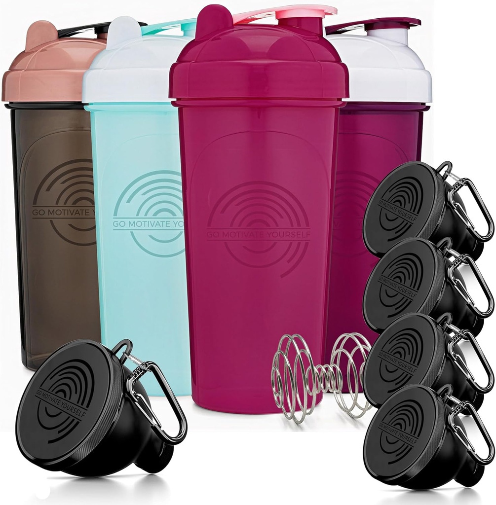 GOMOYO Fitness Bundle - Bouteilles de Shaker à 4 paquets avec agitateur + entonnoirs protéiniques à 5 paquets avec carabiner, sans BPA et lave-vaisselle en toute sécurité