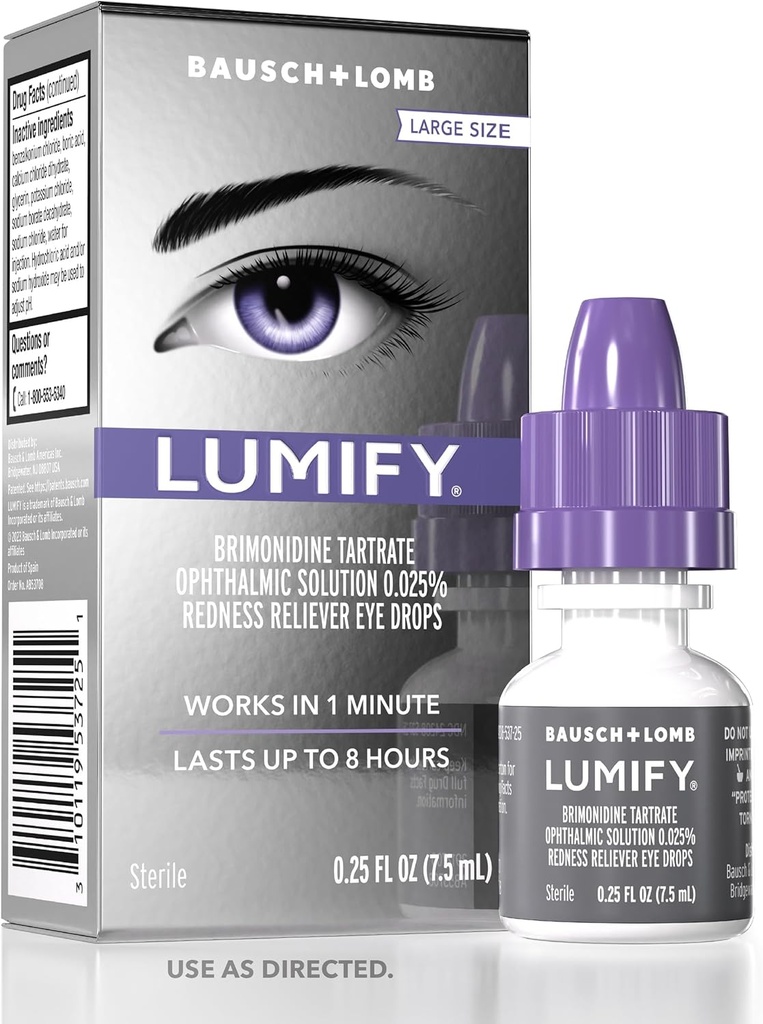 LUMIFY gouttes oculaires pour les yeux rouges, Redness Reliever pour les yeux plus brillants, fonctionne en 1 minute et dure jusqu'à 8 heures, gouttes oculaires, 0,25 Fl Oz (7,5mL)