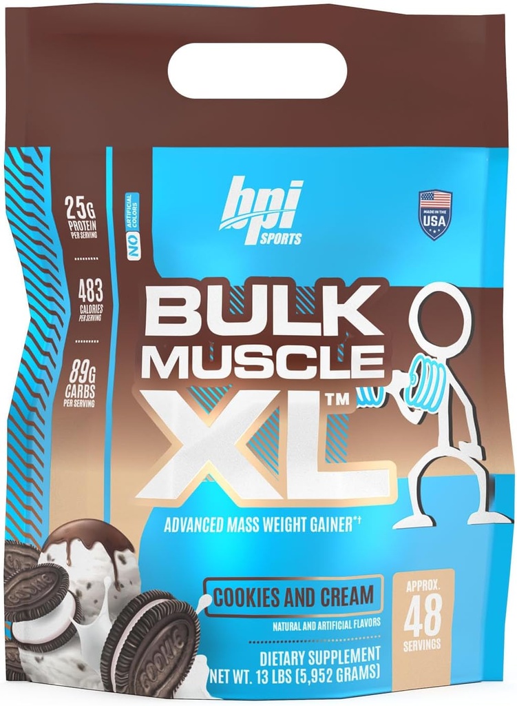 BPI Sports Bulk Muscle XL - gain de poids de masse avancé pour la construction et la récupération de muscles graves, 25g de protéines et 497 calories par portion - Chocolat, 13lb sac (13lb, cookies et crème)