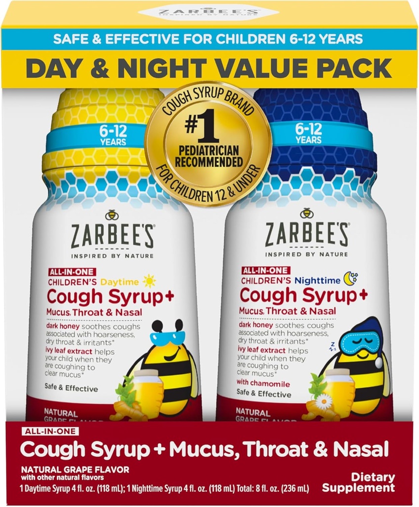 Zarbee's Children's All-in-One Honey Cough Sirop + Mucus, Throat & Nasal Day & Night Value Deux packs pour les enfants 6-12 + Miel foncé, Extrait Ivy Leaf, Zinc Turmeric Root & B-Vitamines, Raisin, 2 x 4 fl. Oz