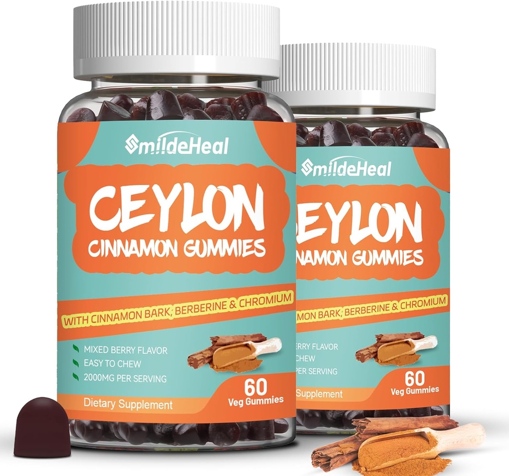 2 Pack Ceylan sans sucre Gommies de cannelle 2000MG, supplément de cannelle avec le chrome et l'écorce de cannelle, végétalien, non-OGM, sans gluten, 120 Gommies