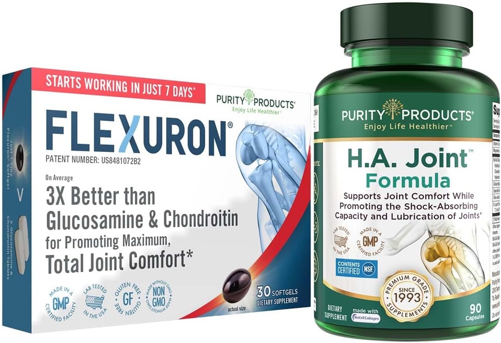 Produits de pureté Flexuron Formule articulaire + H.A. Flexuron articulaire (huile de krill, acide hyaluronique à faible poids moléculaire, astaxanthine) - HA Joint (BioCell Collagen, Boswellia Serrata, Quercetin, H.A. + Plus)