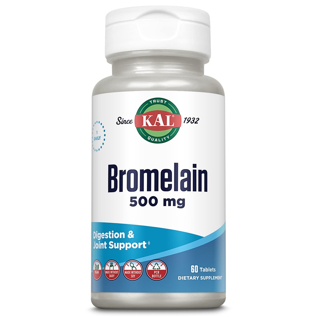KAL Bromelain 500 mg, Supplément de digestion et de soutien articulaire, Enzymes digestifs, Extrait d'ananas, Désintégration rapide, Vegan, Fabriqué sans produits laitiers ou de soja, Verifié en laboratoire, 60 portions, 60 comprimés