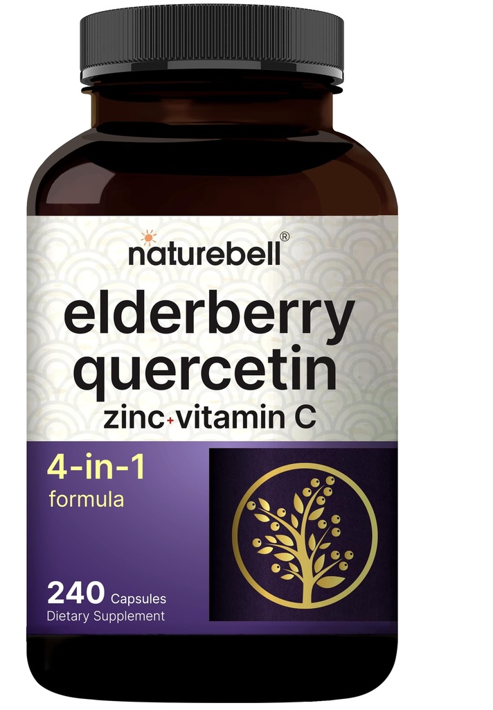 NatureBell Sambucus Elderberry Capsules, 5000mg Par portion avec Quercetin 500mg, Vitamine C et Zinc, 240 Count.