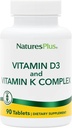 Natures Plus Vitamines D3 & K2-90 Comprimés - Promotion du soutien osseux, fonction immunitaire, santé cardiovasculaire et équilibre de l'humeur - Végétarien, sans gluten - 90 portions
