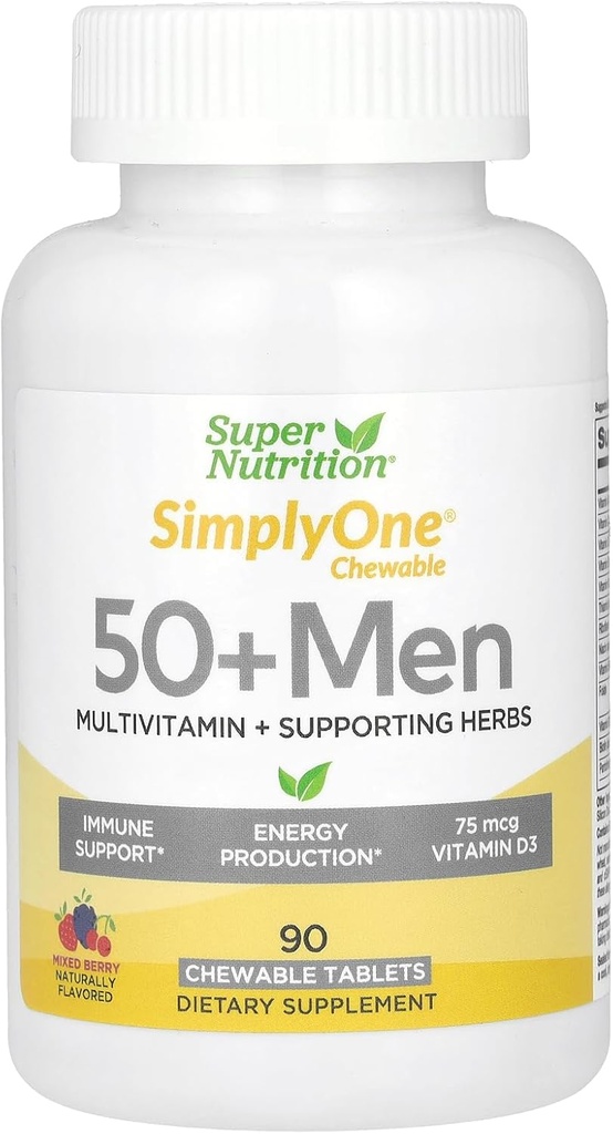SuperNutrition multivitamine pour les hommes 50+, haute puissance, comprimés à croquer d'un jour/jour, approvisionnement 90 jours Berry sauvage 90 comte (paquet de 1)