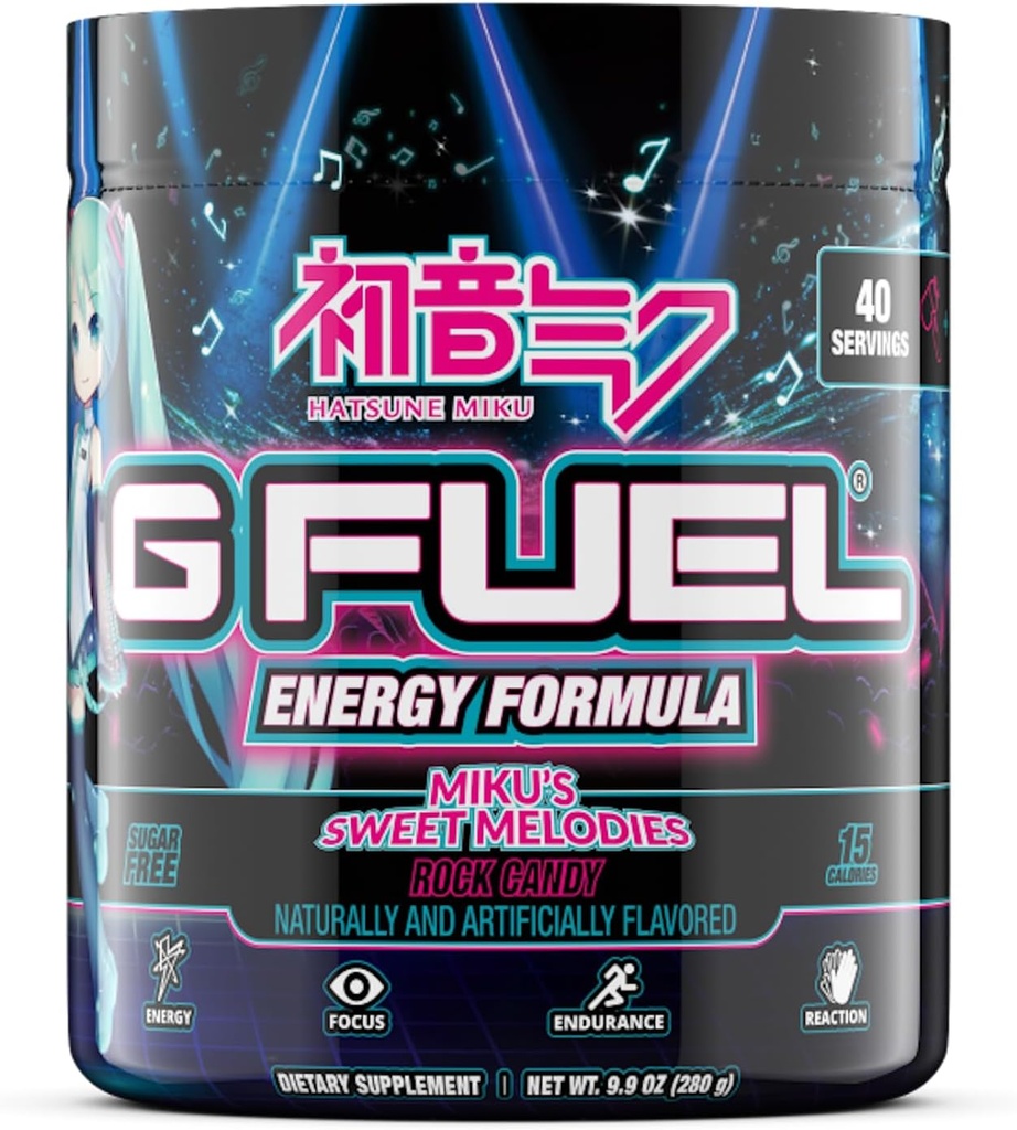 G Fuel Sweet Melodies Hatsune Miku Energy Drink Poudre, Pré-entraînement Mélange de caféine pour les jeux, sans sucre Focus Amino, Vitamine + Antioxydants, 9.9oz (Rock Candy, 40 portions)