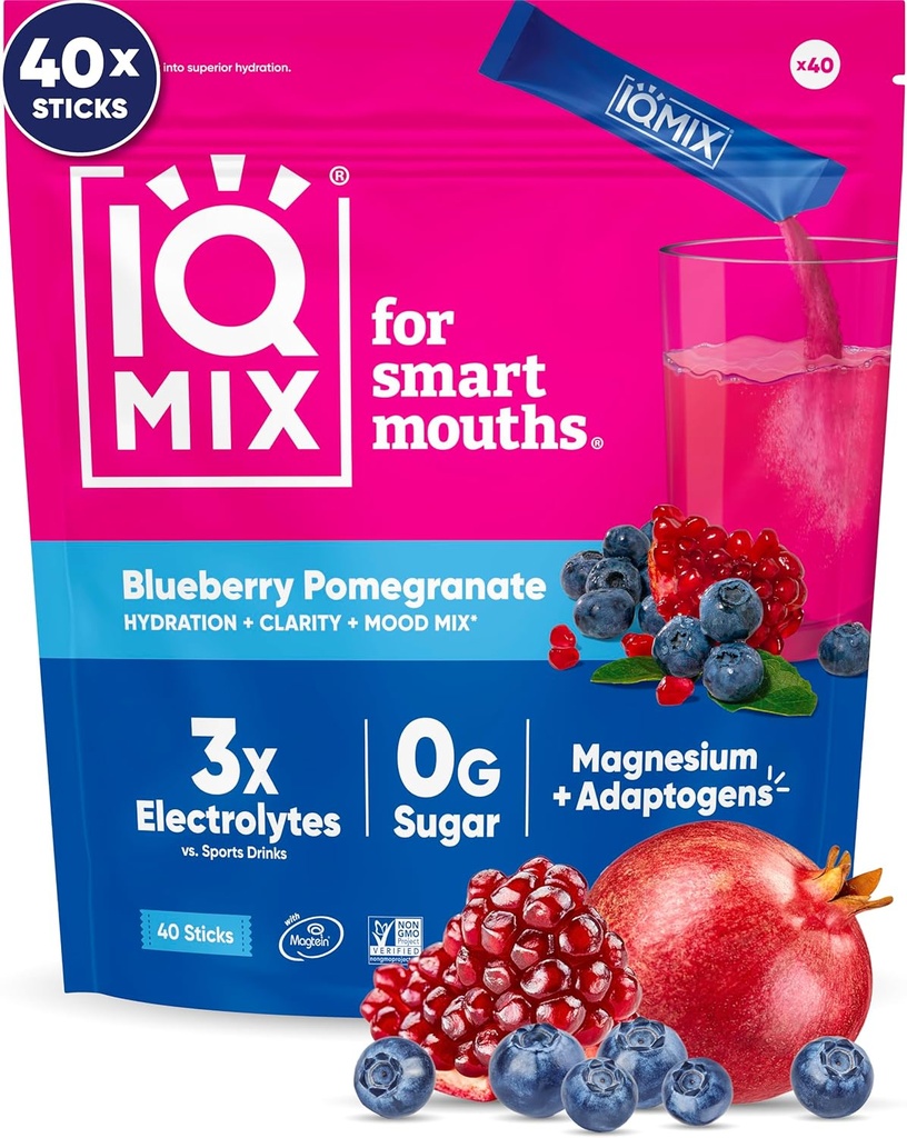 IQMIX poudre d'électrolyte d'hydratation – formule 4-en-1 pour l'hydratation, la clarté mentale, l'humeur et la récupération – mélange de boisson sans sucre, kéto, thréonate de magnésium L, lion, mane – 40 grenadiers de bleuets