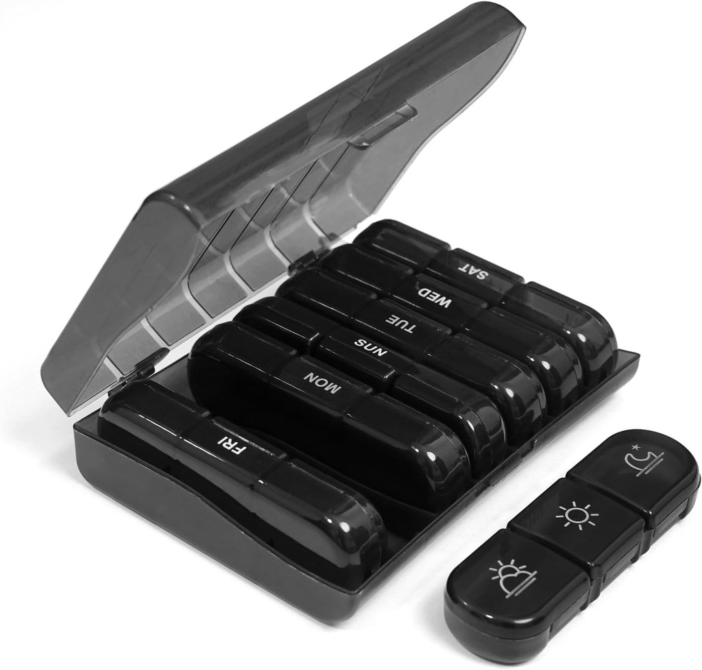 SenyerKare Weekly Pill Organizer 3X par jour, Pill Dispenser 3 fois par jour, Portable Pill Box 7 jour avec grands contenants de pilules, cas de pilule pour la médecine de tenir les vitamines / huile de poisson / suppléments, noir
