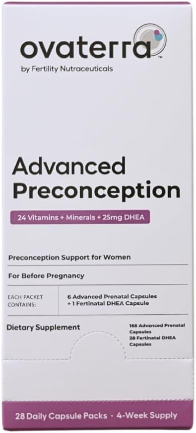 Ovaterra Vitamines de préconception avancées pour les femmes avec DHEA 25mg, Choline 550 mg, Folate (méthylfolate) 1,010 mcg, Oméga-3 DHA & EPA 196 Capsules - 28 jours d'approvisionnement