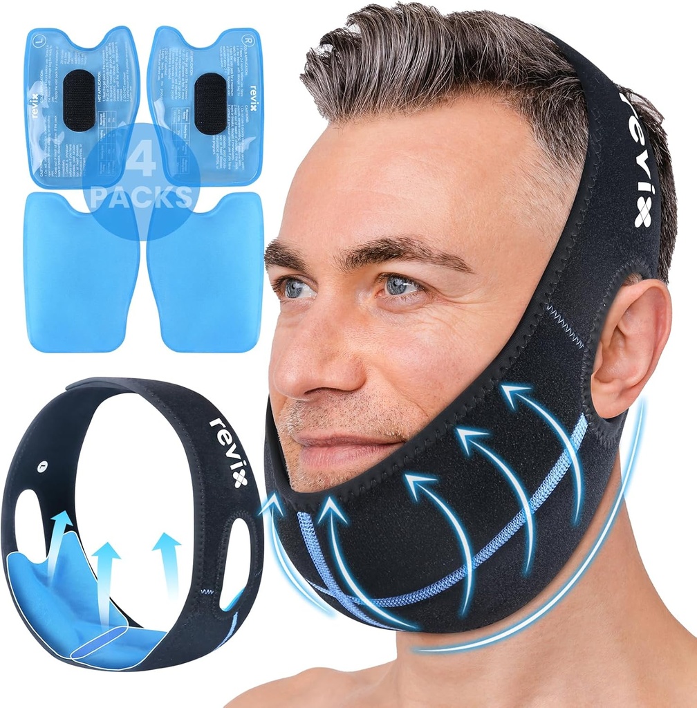 REVIX Sagesse Dents Pack Ice Head Wrap avec Jaw à coudre 3D Paquet Ice pour soulager la douleur du visage pour la chirurgie orale pour TMJ, l'extraction de dents et les dents, Extra Snug Fit avec 4 packs de gel froid chaud réutilisable, noir
