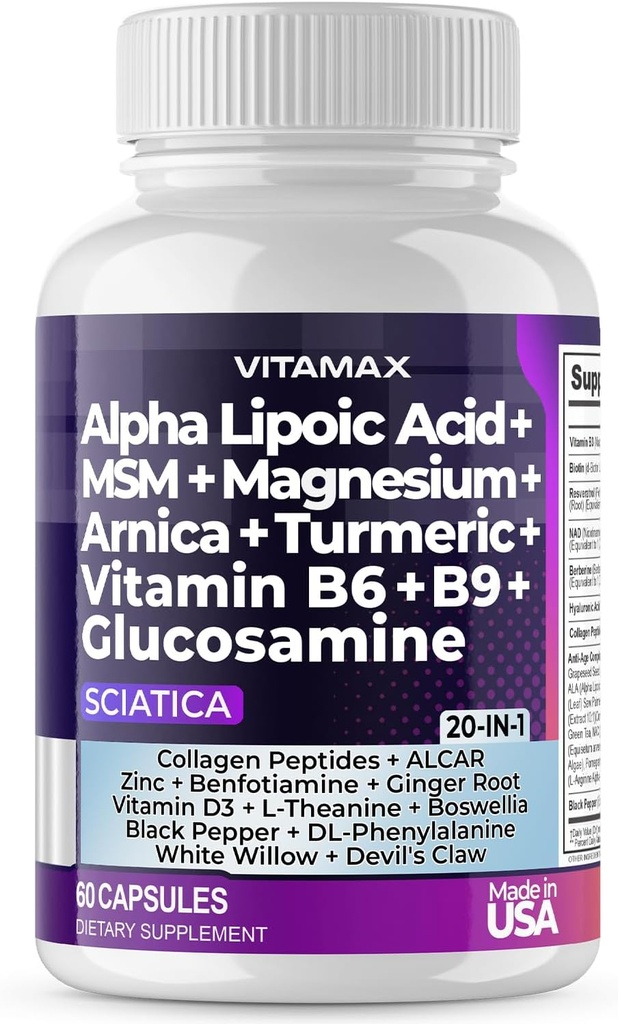 Sciatique Nerve Health Support - Sciatique Nerve Supplément Capsules avec acide folique, pois, glucosamine, MSM, complexe de vitamine B, acide alpha lipoïque 300mg – 60ct – Fabriqué aux États-Unis