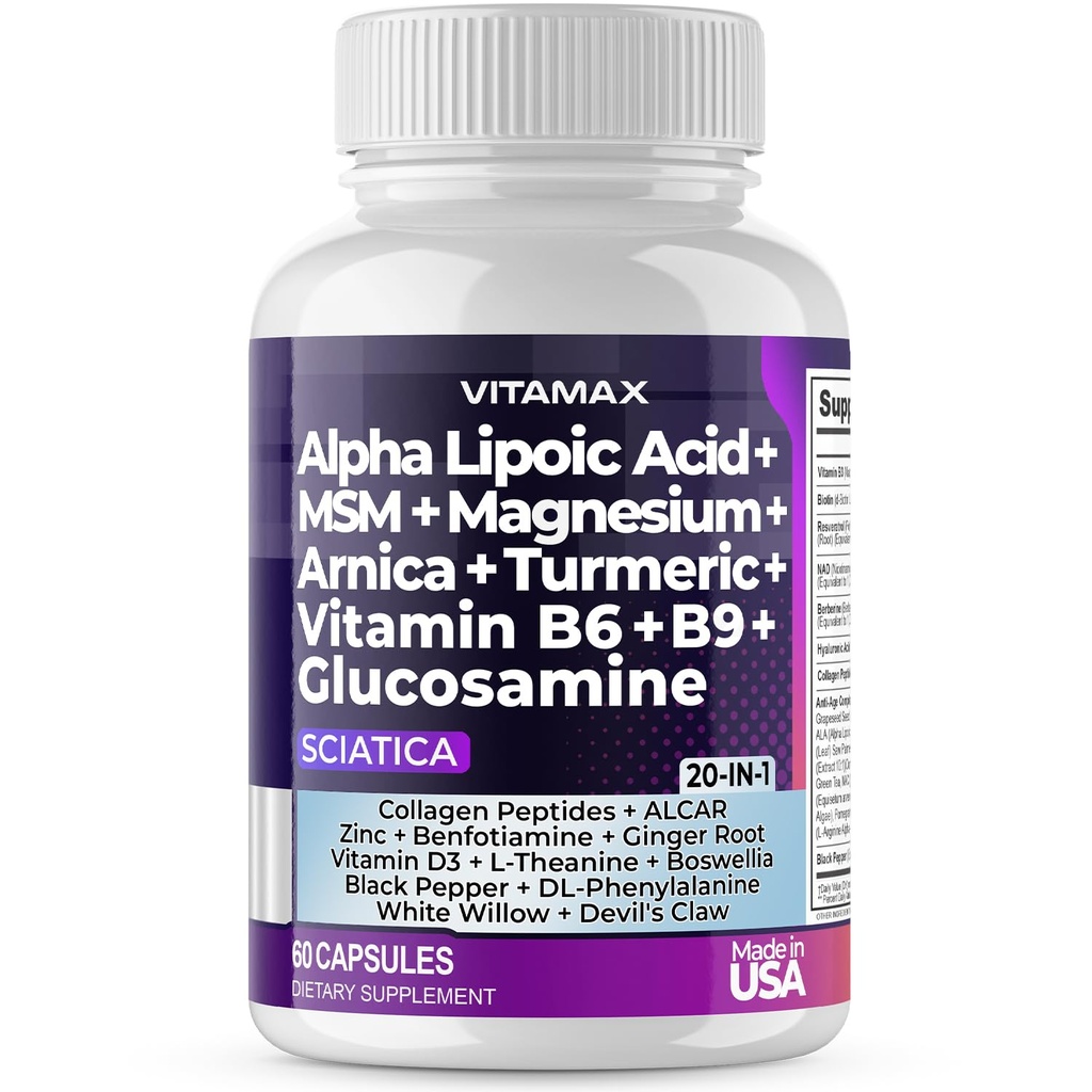 Sciatique Nerve Health Support - Sciatique Nerve Supplément Capsules avec acide folique, pois, glucosamine, MSM, complexe de vitamine B, acide alpha lipoïque 300mg – 60ct – Fabriqué aux États-Unis