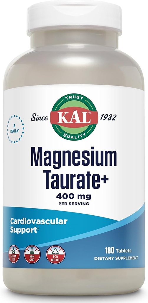 KAL Magnésium Taurate 400mg Plus Coenzyme Vitamine B6, supplément de magnésium chélaté, fonction musculaire, sans gluten, végétalien, 90 portions, 180 comprimés