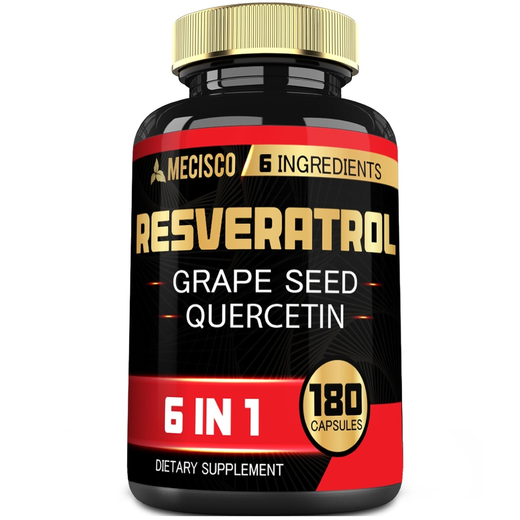 Supplément de resvératrol trans 6en1 avec graines de raisin, chardon de lait et plus - Resvératrol 1000mg - Supports pour le système immunitaire, la santé cardiaque, la prise en charge du corps - 180 Capsules