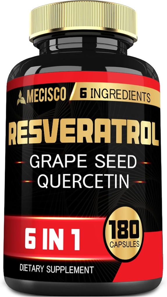 Supplément de resvératrol trans 6en1 avec graines de raisin, chardon de lait et plus - Resvératrol 1000mg - Supports pour le système immunitaire, la santé cardiaque, la prise en charge du corps - 180 Capsules