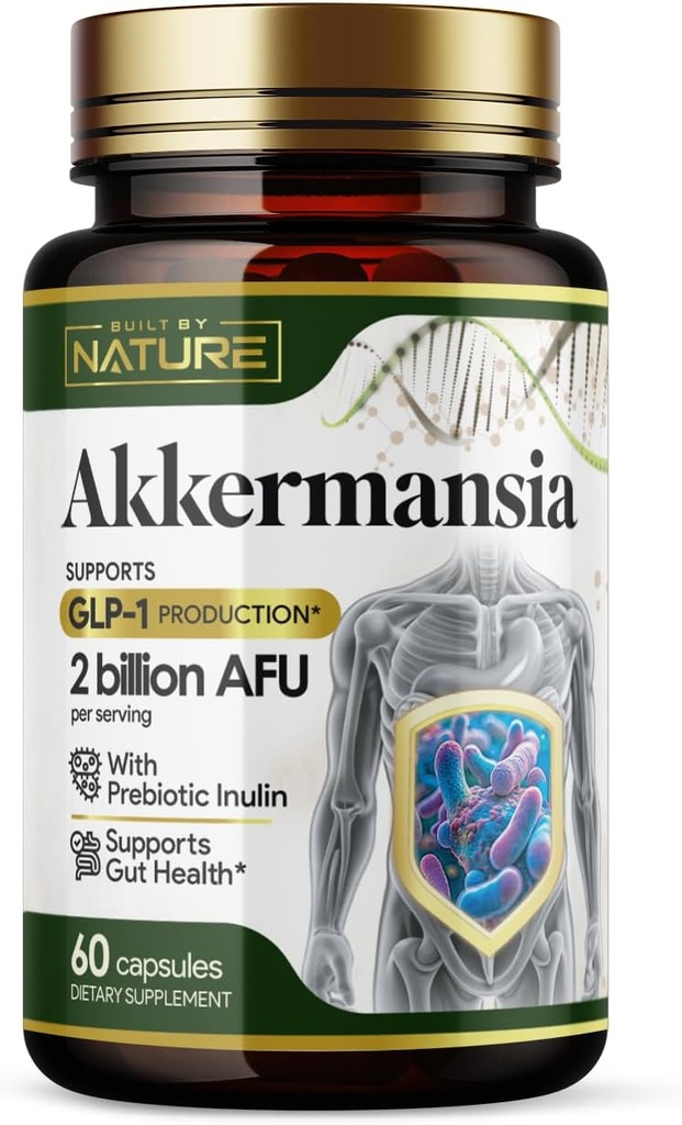 Construit par la nature Akkermansia Muciniphila Probiotic Supplement – 2 Million AFU - Supporte GLP-1, Immune & Digestive Gut Health - 60 Capsules de libération différée